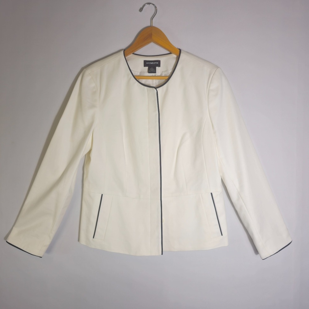 Liz Claiborne Career Jacket Women's Large White Stretch Lined Casual Long Sleeve